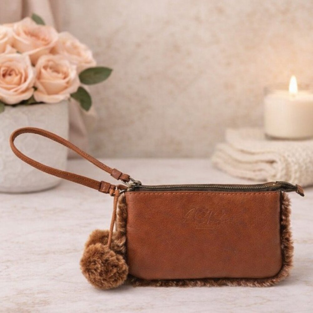 Patricia Nash Vinovo Wristlet Brown Leather Fur Trim Purse Handbag